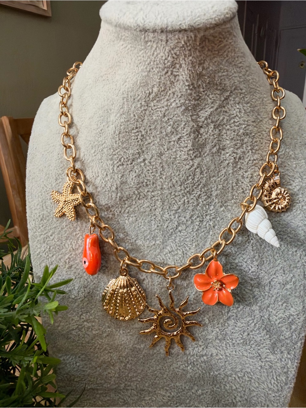 Gold Sea Charm Necklace with Orange Accents - Women Jewelry